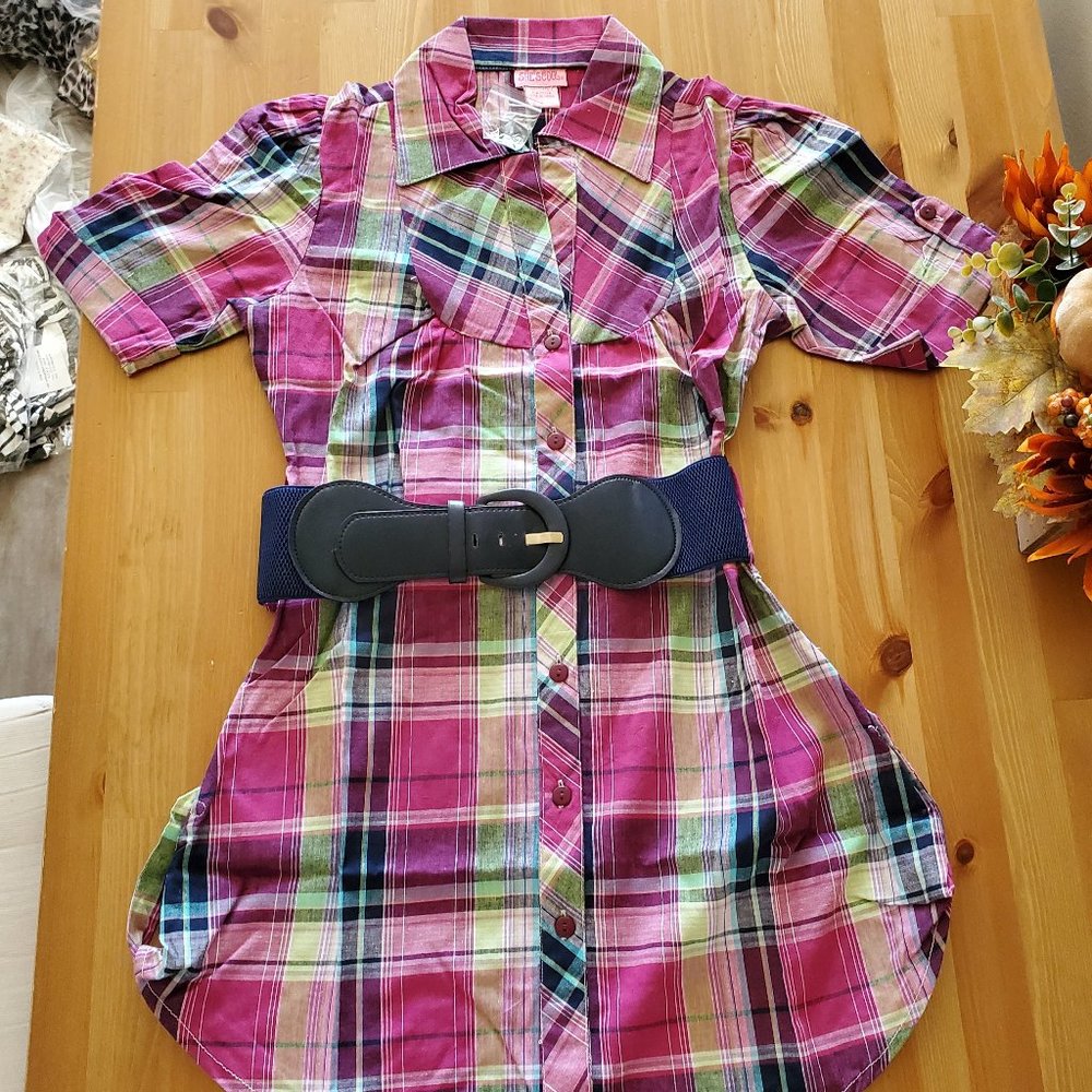 She's Cool - Women's Plaid Graphic Button-Down Shirt Dress with Detachable Belt